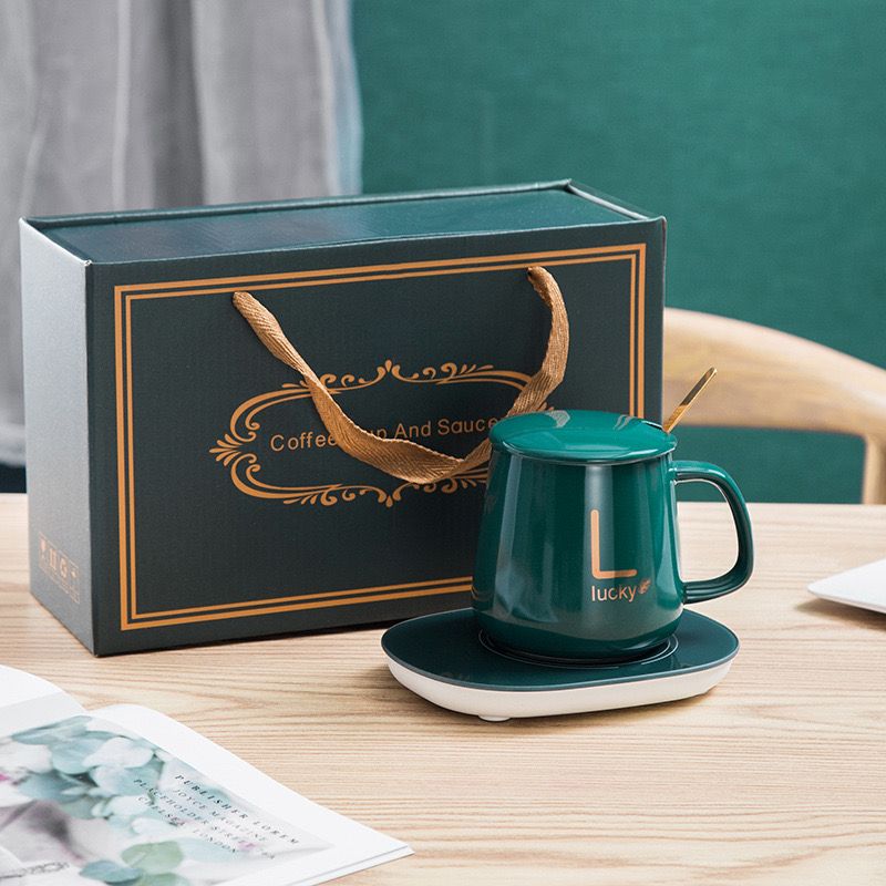 Taza cerámica térmica con posavasos USB calentador