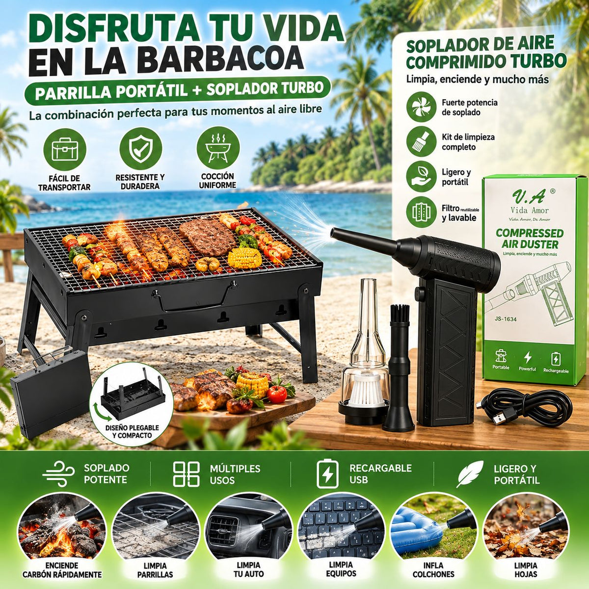Lleva Parrilla BBQ con Soplador Turbo USB para asados camping